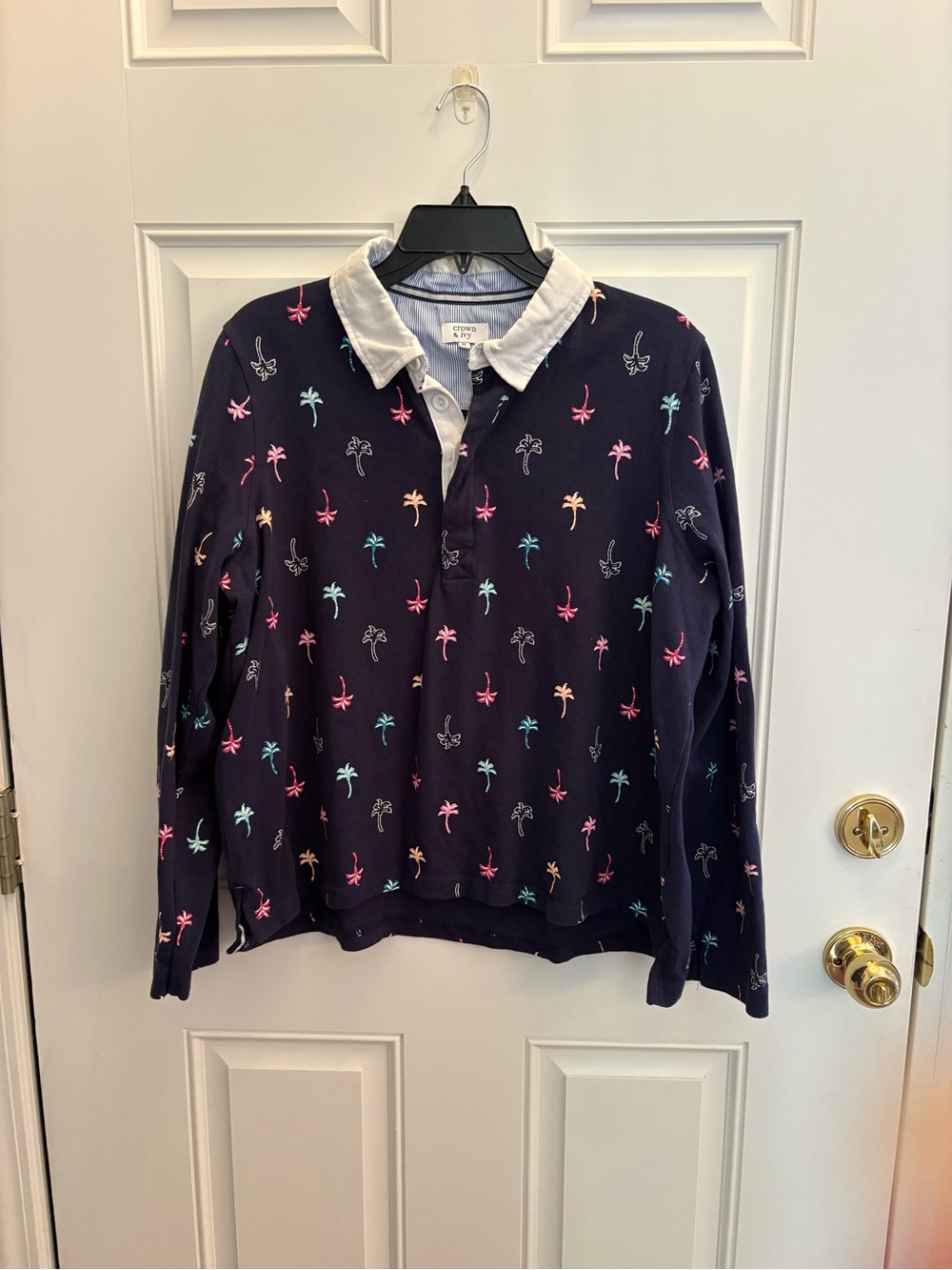 crown & ivy Navy Palm-Print Collared Sweatshirt